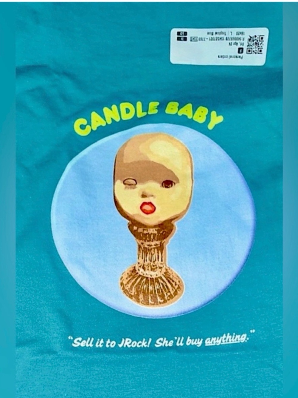 Candle Baby Graphic Tee — Teal with Yellow & Red Accents